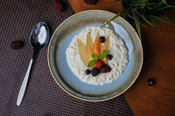 cottage cheese with blueberries on table 