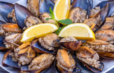 Turkish style stuffed Mussels, Midye Dolma mediterranean cuisine