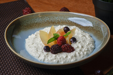 cottage cheese with blueberries on table