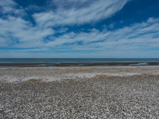 Playa solitaria con conchillas, agua clara y cielo nublado