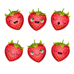 Set of strawberry character with emotions, funny face, kawaii, Cute cartoon sticker set.Happy strawberry, cute character. Funny berry. The illustration is isolated on a white background.