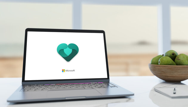 Guilherand-Granges, France - February 16, 2021. Notebook with Microsoft Family features logo. A parent can manage settings for a child.