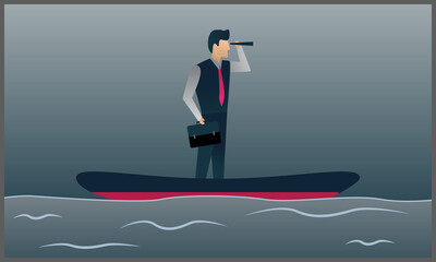 vector flat illustration of a businessman standing on a boat looking forward