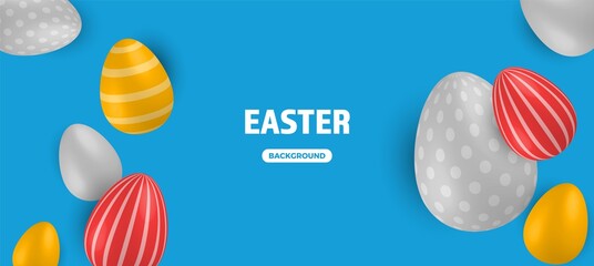 Colored Easter Eggs banner. 3d easter egg, spring holiday traditional symbol.