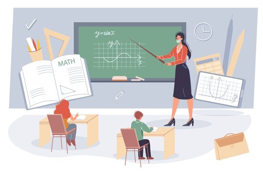 Vector cartoon flat teacher and pupils,students characters study math in class - offline online education concept with various school supplies,symbols,images