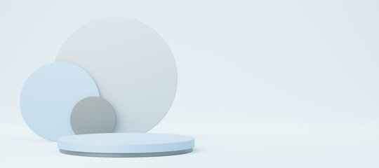 Empty blue cylinder podium with gray and black circle on white copy space background. Abstract pastel minimal studio 3d geometric shape. Mockup space for display of product design. 3d rendering.