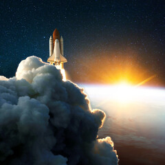 Rocket launch, lift off at amazing sunset. Space shuttle in the space near Earth with yellow...