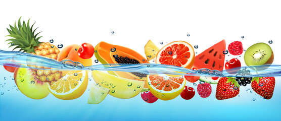 Fresh papaya and different berries and fruit in transparent water and oxygen bubbles. Vector illustration