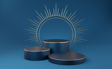 3 Empty dark blue cylinder podium with gold border and spiked halo circle on blue background. Abstract minimal studio 3d geometric shape object. Pedestal mockup space for luxury display. 3d rendering.
