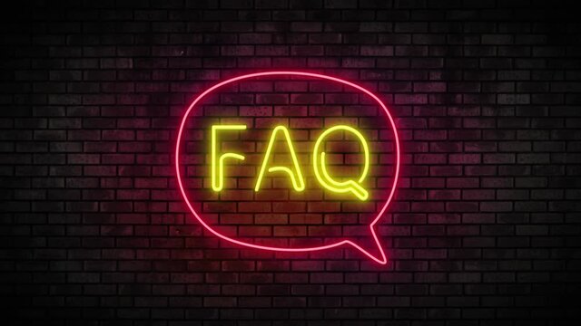 Neon FAQ and speech bubble on brick wall. Night Club Bar Blinking Neon Sign. Motion Animation. Video available in 4K FullHD and HD render footage.