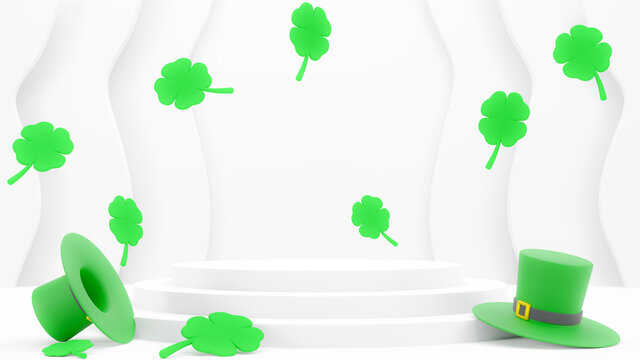 3d illustration rendering. White podium minimal, two green hats, the green cloverleafs and white wall scene. Advertising display space for placing products in saint Patrick festival.