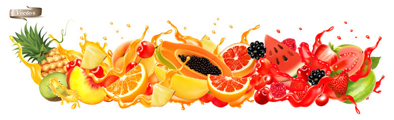 Fruit in juice splash panorama. Strawberry, raspberry, blueberry, blackberry, orange, guava, watermelon, pineapple, mango, peach. Vector. - 414499108