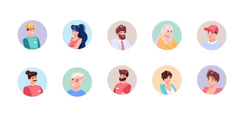 Set of smiling cartoon girl,boy flat characters avatars of different age,status,professions,various face expressions and hairstyles-lifestyle,communication,fashion,social media banner concept