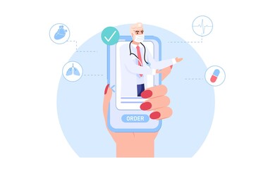 Fototapeta na wymiar Vector cartoon flat doctor character at work.Physician character in face mask offers medications from mobile screen app,smartphone in hand-web online medical treatment therapy,telemedicine concept