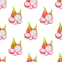Seamless pattern with fresh whole and half cut red pitaya fruits isolated on white background. Summer fruits for healthy lifestyle. Organic fruit. Cartoon style. Vector illustration for any design.