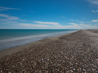 Fototapeta na wymiar Playa solitaria con conchillas, agua clara y cielo nublado