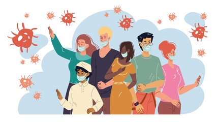 Cartoon flat characters wear face masks coronavirus covid-19 disease prevention protective measures vs 2019-ncov, personal hygiene viral respiratory infection concept