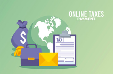 online taxes payment with money and documents in earth planet