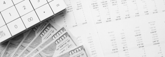 Fototapeta premium Calculator with money on financial data. Business and financial concept.