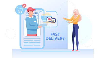 Vector cartoon flat characters give,receive online orders buys.Food delivery service-happy customer take ordered sushi from courier on mobile app screen-online shop,web site banner ad concept