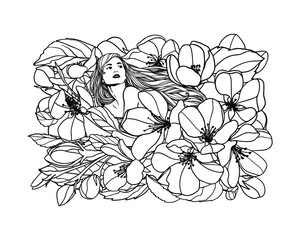  Girl in apple tree flowers. Vector linear illustration. Black and white