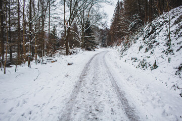Fototapeta premium Winter in Harz Mountains National Park, Germany. Moody snow covered landscape in German forest