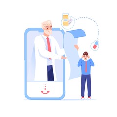 Vector cartoon flat patient,doctor characters at work.Physician character read medical prescription to sick person from mobile screen app-web online medical treatment therapy,telemedicine concept