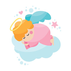 Cute vector baby angel character with wings, cloud, heart, star. Nursery art, valentine's day