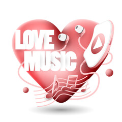 Modern abstract banner with heart, smartphone, headphones, notes. Music player.