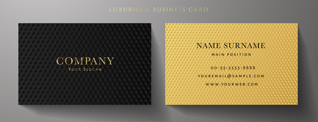 Business card with luxury abstract black triangle pattern (carbon texture). Formal premium background template useful for invitation design, Gift card, voucher or gift coupon