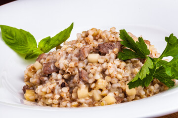 Buckwheat with duck meat and apple on white plate