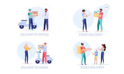 Set of vector cartoon flat characters receive online order buys.Delivery service workflow-couriers gives purchase,ordered packages,food to happy customers-online shop,web site banner ad concept