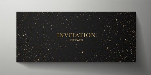 Elegant black Invitation template with gold twinkle stars pattern on background. Premium vector design for Gift certificate, Voucher, Gift card