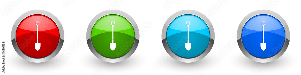 Poster shovel, gardening tool silver metallic glossy icons, set of modern design buttons for web, internet 