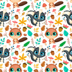 Forest animals seamless pattern. Beaver and skunk pattern.