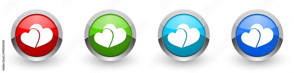 Poster two hearts, valentines day silver metallic glossy icons, set of modern design buttons for web, inter