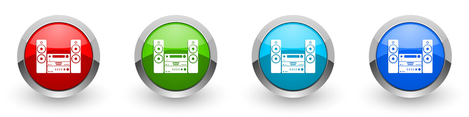 Music, stereo equipment silver metallic glossy icons, set of modern design buttons for web, internet and mobile applications in four colors options isolated on white background