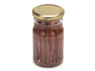 Salted anchovies in a glass jar on a white background. Top view