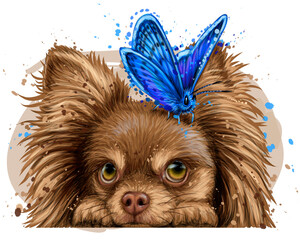 Chihuahua dog with a butterfly. Wall sticker. Color, vector drawing portrait of a Chihuahua dog in watercolor style on a white background. Separate layer. Digital vector drawing