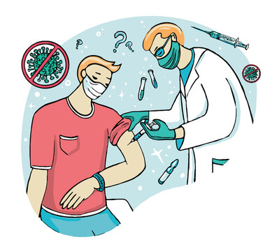 Vaccination illustration with two Men. Vector image of Coronavirus vaccine and immune protection.