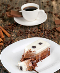 coffee with chocolate and multi-layer cake