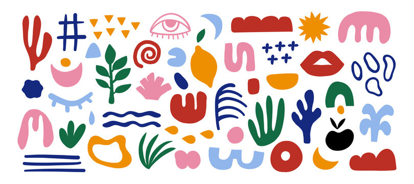 Abstract hand drawn organic shapes. Colorful background with doodle nature forms. Set of colored drawn objects in vector
