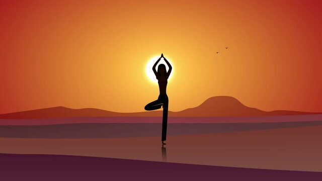 Yoga and fitness, Silhouette woman with animated yoga posture on the ground at sunset sunrise. An woman practicing yoga.  Young woman practicing morning meditation in nature animation