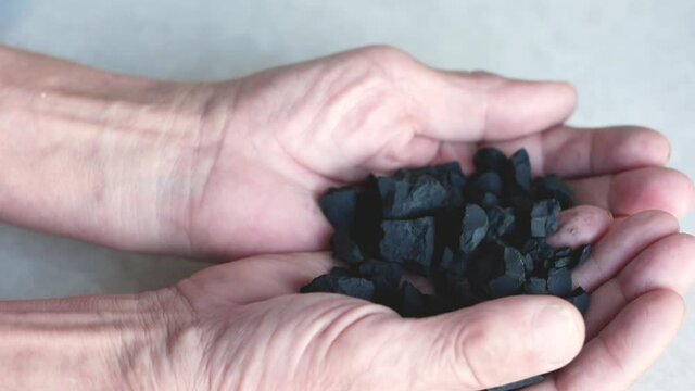 Close-up of black coal in the hands of a worker. Work in the mine theme. Miner holds coal in his hands. Extraction of natural minerals. Selective focus, shallow depth of field