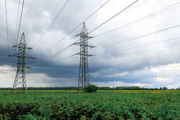 Obraz premium on the field with landings installed power transmission towers