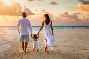 A happy family holding hands on vacation walks down a beach during sunset time