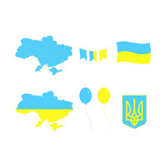 This is a Ukraine map, flag, ribbons, balloons, and national emblem isolated on a white background.