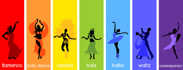 Various style dancing. Set with silhouettes of dancers of ballet, flamenco, oriental dance, hula, samba, waltz and contemporary - obrazy, fototapety, plakaty