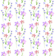 Seamless floral pattern, decorative flowers imitation of watercolors on a white background, for paper design, textile.
