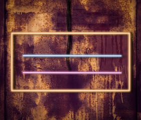 glowing frame of glowing yellow neon lamps with black cable, background of a rusty metal wall